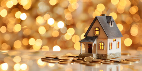 charming miniature house model stands on a table with a collection of coins placed around it. The coins are arranged to lead the viewer's eye towards the house, emphasizing the con