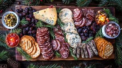  A wooden platter with a spread of meats, cheeses, olives, nuts, crackers, and grapes surrounded by pine branches and cones