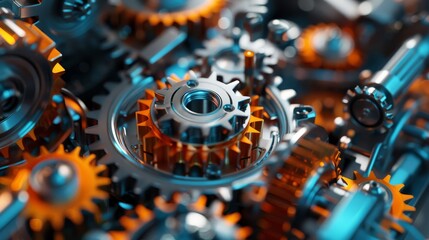 Close-up of gears and cogs with orange and blue components, highlighting precision engineering and automation (focus on, industrial theme, realistic, fusion, modern factory backdrop)