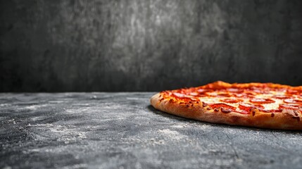  A pizza atop a table, resting on a cement surface A knife in the middle of the table, a fork in the pizza's center