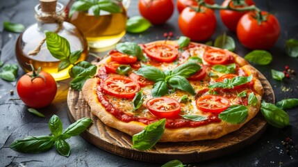  A pizza atop a wooden cutting board, adjacent olive oil bottle, and nearby tomatoes with basil leaves on another cutting board