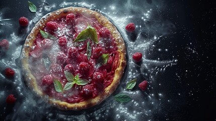 A rasberry pi sits atop a table, its surface draped in ice and adorned with sprinkles A single leaf graces each pi, encircled by dro - Powered by Adobe