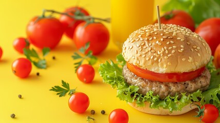 yellow surface with surrounding tomato and lettuce leaves