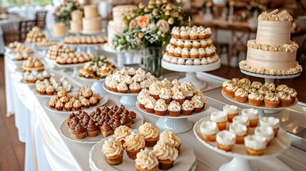  A table laden with numerous frosting-covered cupcakes, each atop an underlying cupcake base, showcases various kinds of frosted cupcakes