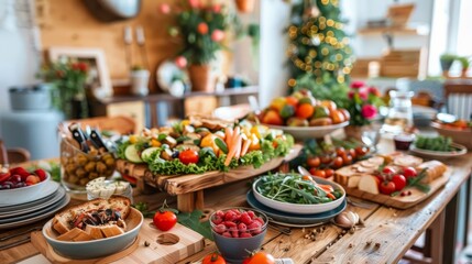  A wooden table, laden with numerous plates and bowls brimming with fruits and vegetables In the backdrop, a Christmas tree