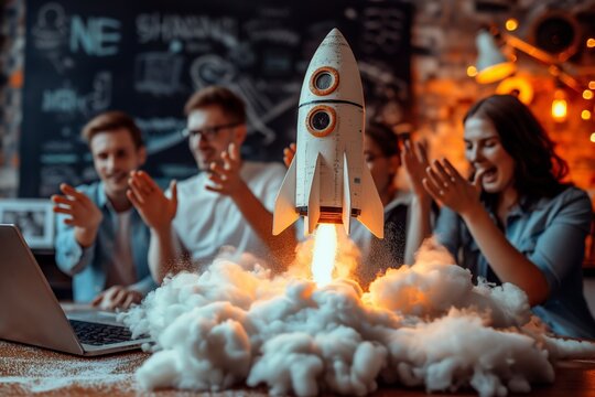 Creative rocket launch effect with group of friends