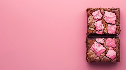  Two brownies with pink frosting sit atop a pink backdrop One is bitten, the other whole