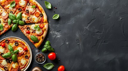 A pizza atop a pan, next to a slice on another pan Both on a table, near a slice on a plate