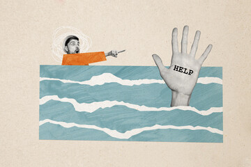 Composite photo collage of astonished guy point drown human hand help accident help summer ocean swim trip isolated on painted background