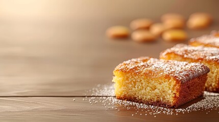  A few slices of cake rest atop a table, accompanied by more slices on the same table, dusted with powdered sugar