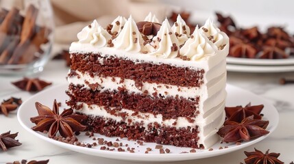  A slice of red velvet cake on a pristine white plate, topped with smooth white frosting and a single star anise Another star anise adorns the plate