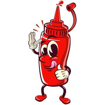 recommend clip art: vector vintage illustration of cute ketchup bottle mascot character wave your hand and give a thumbs up sign, work of hand drawn