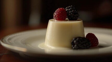  A white plate holds a dessert topped with cream and raspberries Nearby, black raspberries rest atop a piece of chocolate, also covered in cream