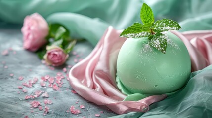 a leaf atop, pink flowers by the side, tablecloth in pink satin