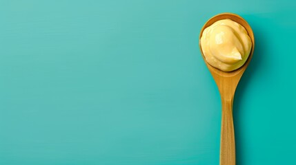  A teal blue background features a wooden spoon holding a mound of mayonnaise One spoon rests atop the other, both made of wood