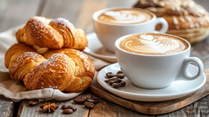  A couple of croissants atop a wooden table, one next to a steaming cup of coffee, the other on a separate plate