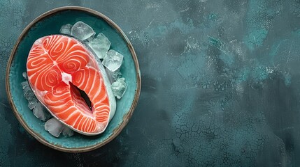  A salmon fillet resting atop ice in a blue-hued bowl Ice cubes line the bowl's bottom