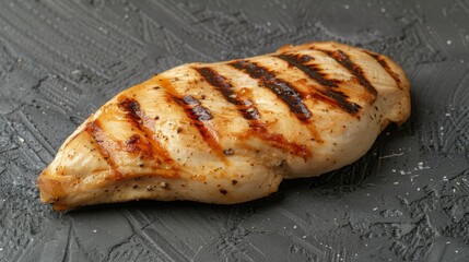  A grilled chicken piece atop a black stone slab, featuring a brown stripe