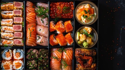  A box brimming with diverse sushi types atop a weathered wood table Nearby, bowls of sauce and vegetables await