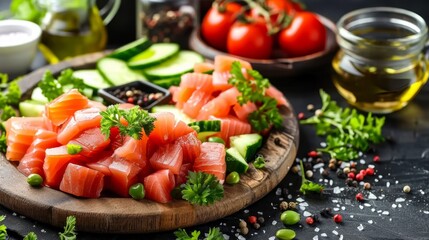  A tight shot of a laden plate with cucumbers, tomatoes, and assorted foods Nearby, an olive-laden...