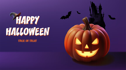 Illustration of Halloween theme banner with  Jack O Lantern pumpkin . castle on background.