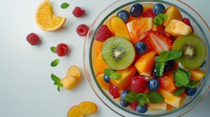  A glass bowl brimming with fresh fruits - oranges, raspberries, kiwis, and limes - atop a pristine white tablecloth