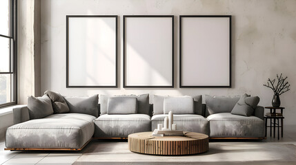 Mockup frame in modern living room interior with a minimalist design and grey sectional sofa. Gen AI