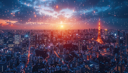 Fototapeta premium Digital Property Portfolio Panorama, panoramic view of a digital landscape, where virtual properties rise like skyscrapers,