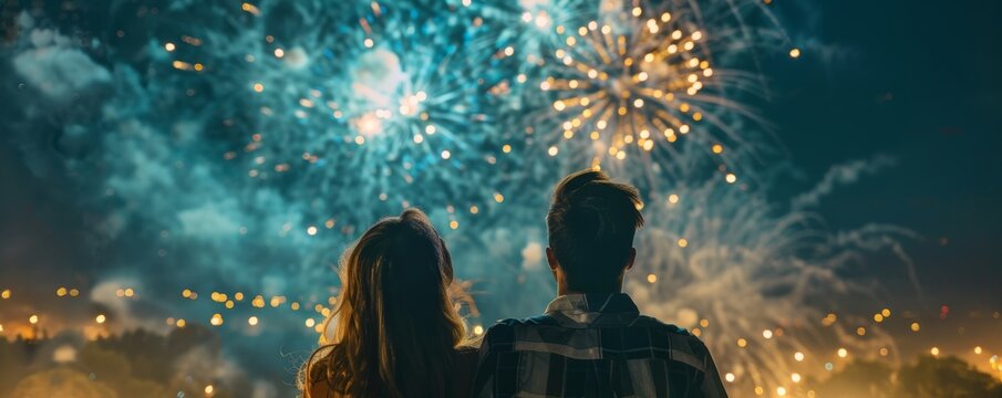Couple watching fireworks on Independence Day, night sky lit up, celebrating national holiday, romantic atmosphere, vibrant colors, clear night, copy space - Powered by Adobe