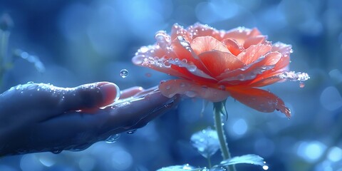 A man reached out to a delicate rose in the rain. Rose is the queen of flowers. Most people favour each of them on special days like Valentine's Day, Love Day.