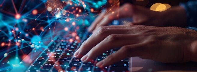 Hand typing on laptop keyboard with digital network connection 