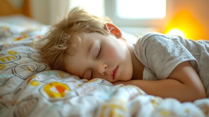 Cute little boy sleeping in bed at home. Sweet dreams.