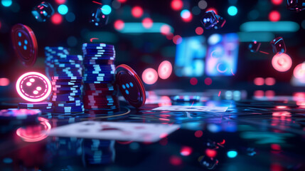 Fototapeta premium Glowing casino chips and dice with vibrant neon lights.