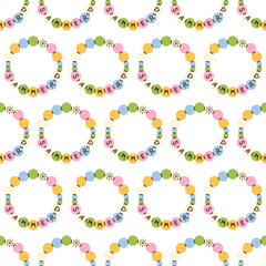 Abstract seamless pattern with Cute Bracelet pastel color beads and hand drawn letters Summer. Handmade bracelet for beach party repeating Vector background 