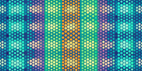 Vibrant mosaic of coloured dots ranges from blues to greens to oranges and yellows,creating a spectrum that resembles a digitally rendered aurora borealis or a stylised representation of a heat map.AI