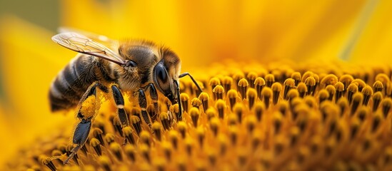 A bee is on a yellow dandelion collecting pollen and nectar to make honey in the hive with plenty of copy space around the image
