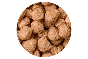 Dry soybean meat pellets, diet food for vegan and vegetarian cuisine