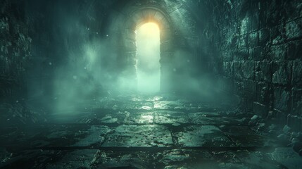 Fototapeta premium Atmospheric medieval dungeon with a mystical glowing entrance