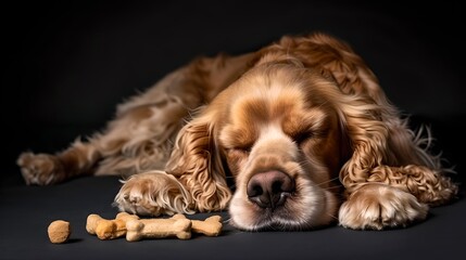 Cute dog resting on dark background. Peaceful moment of relaxation captured. Perfect for pet lovers and animal photography fans. AI