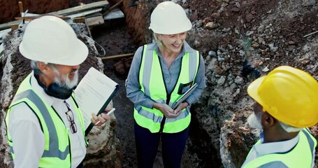 Discussion, talking and team with paperwork on construction site for communication, teamwork or planning project. Archeology, diversity and mature people for collaboration, conversation or excavation