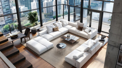 A white L-shaped couch and coffee table in the center of an open concept living room with floor-to-ceiling windows. Interior design concept