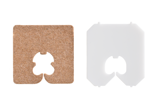 Paper cardboard and white plastic bread clip tags isolated cutout on transparent