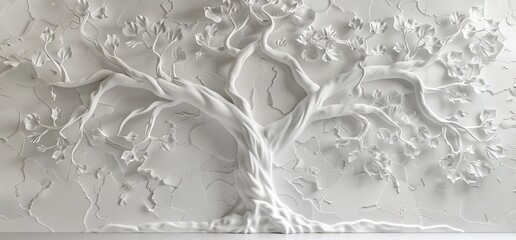 3D relief white tree wallpaper mural wall. AI generated illustration