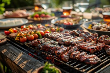 Naklejka premium BBQ party with friends, summer cookout, grilling meats and vegetables, joyful gathering, outdoor setting, highresolution image, isolated background, copy space