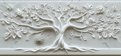 3D relief white tree wallpaper mural&nbsp;wall. AI generated illustration