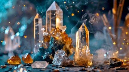 Beautiful crystal formations with bokeh and smoky background. Mystical scene showcasing clear and orange crystals. Perfect for fantasy and meditation themes. AI