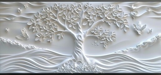 3D relief white tree wallpaper mural&nbsp;wall. AI generated illustration