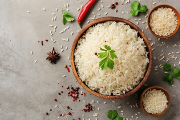boiled white rice in clay bowl