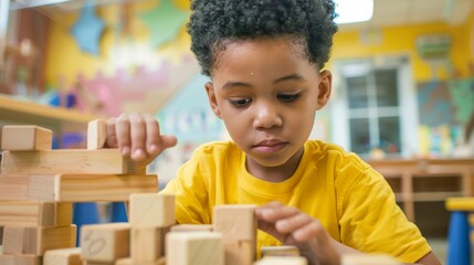 Young child concentrating on wooden blocks playtime