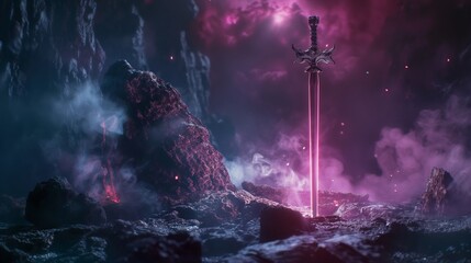 Obraz premium Hero's sword in the stone excalibur, with light and electrical effect, concept of adventure, secret weapon, saint weapon, precious.